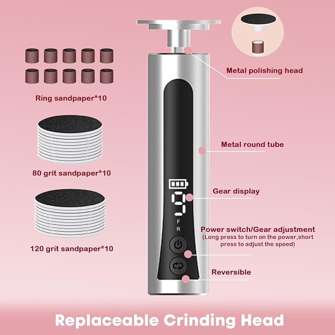 2 in 1 Electric Foot Callus Remover - with Nail Drill File, Aluminum Alloy, 11000RPM, 9 Speeds, with Digital Display, 10 Grinding Heads & 20pcs Sandpaper Discs,Cordless Rechargeable(Silver)