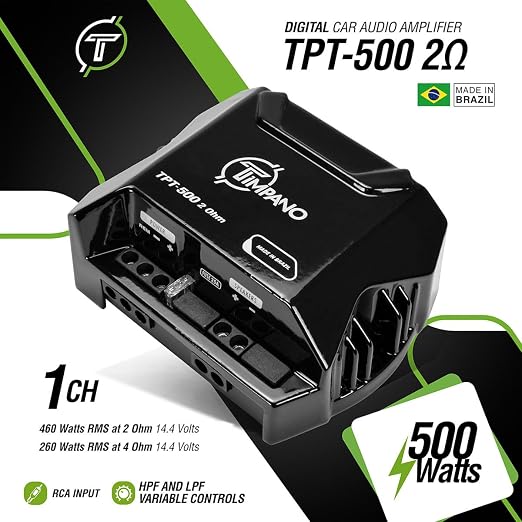 TIMPANO TPT-500 2 Ohms Compact 1 Channel TPT500 2 Ohms Car Audio Amplifier – 1x 500 Watts at 2 Ohms – Mini Stereo 12 Volts Full Range Class D Amp