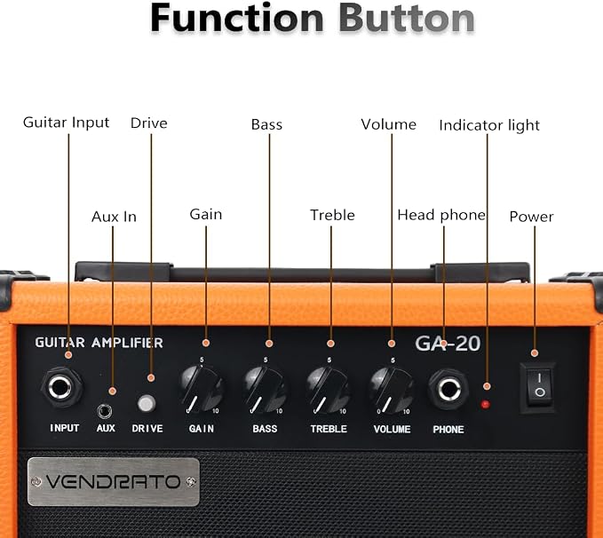 Electric Guitar Amplifier 20w amp Orange Color gain bass Treble 3.5mm aux in Drive 6.5mm Guitar Input Headphone Portable for Beginner Starter Practice Travel amp noiseless Cable Pick and Adapter in