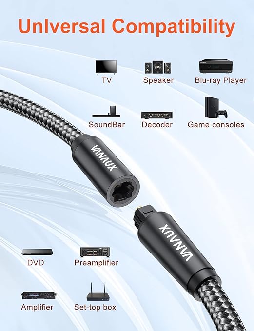 VANAUX Optical Extension Cable Digital Toslink Male to Female S/PDIF Cords Compatible with Home Theater, Sound Bar, TV, PS4, Xbox, PlayStation & More - Black (10ft/3m)