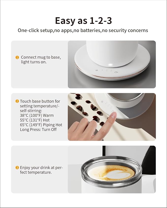 Self Heating Coffee Mug,10oz Heated Mug with Warmer,Smart Temperature Cup from 100-149℉,Keep Beverages Warm & Self Stirring,White
