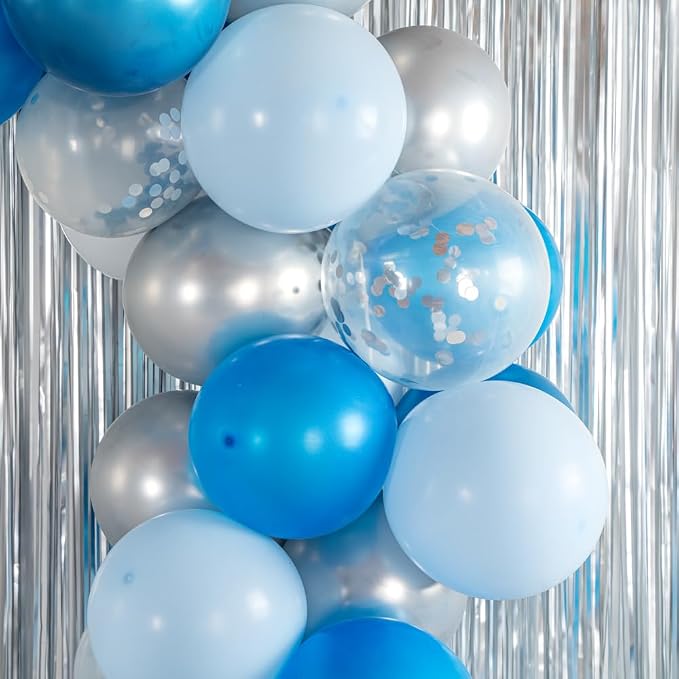 Restaurantware-Balloonify Balloon Garland Set, 1 Party Decoration Kit - 100 Balloons, With Chain, Blue, Silver, & White Latex Balloon Arch Kit, Includes Glue Dots, Ribbon & Knot