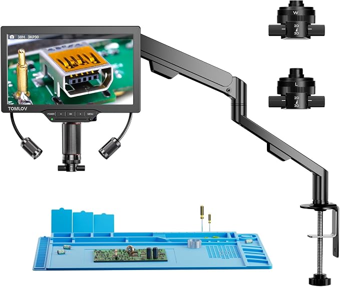 TOMLOV 3D Digital Microscope for Soldering: Magnetic Dual Lens Micro Scope TM3K-3D for Adult, Coin Microscope with Flex Arm, 3K 7-Inch IPS Screen, HDMI/USB Output, Gooseneck Light, Repair Mat, 16GB