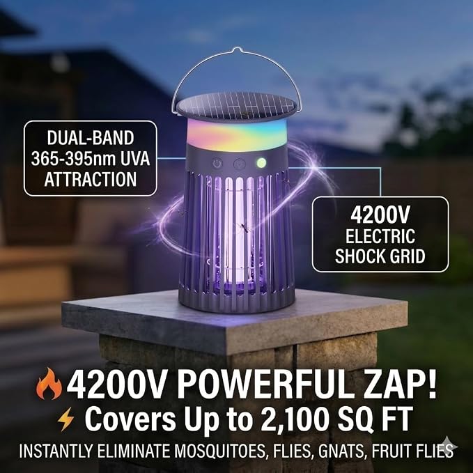 Solar Bug Zapper Outdoor & Indoor, 4200V Electric Mosquito Killer w 4000mah USB Rechargeable Battery, Fly Trap for Gnat, Fruit Fly, Moths, Portable Pest Control for Camping, Garden, Patio