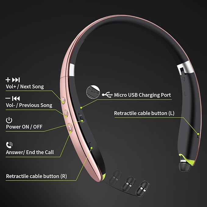 Bluetooth Headset, 2026 Upgraded Neckband Bluetooth Headphones with Retractable Earbuds, Noise Cancelling Stereo Earphones with Mic, Foldable Wireless Headphones for Sports Office with Carry Case