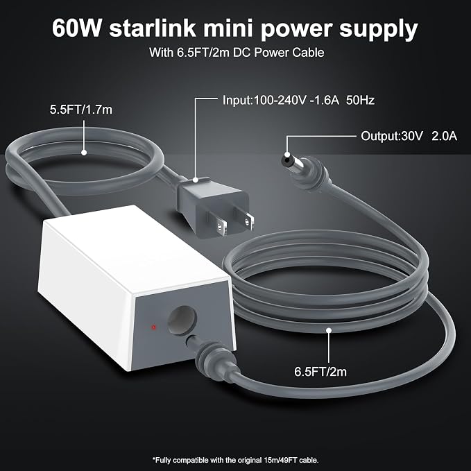 Starlink Mini Power Supply & Accessories, Official Replacement 60W AC Adapter with 5.5FT Power Cord & 6.5FT Detachable DC Cable with LED Light Indicator for Starlink Mini Dish