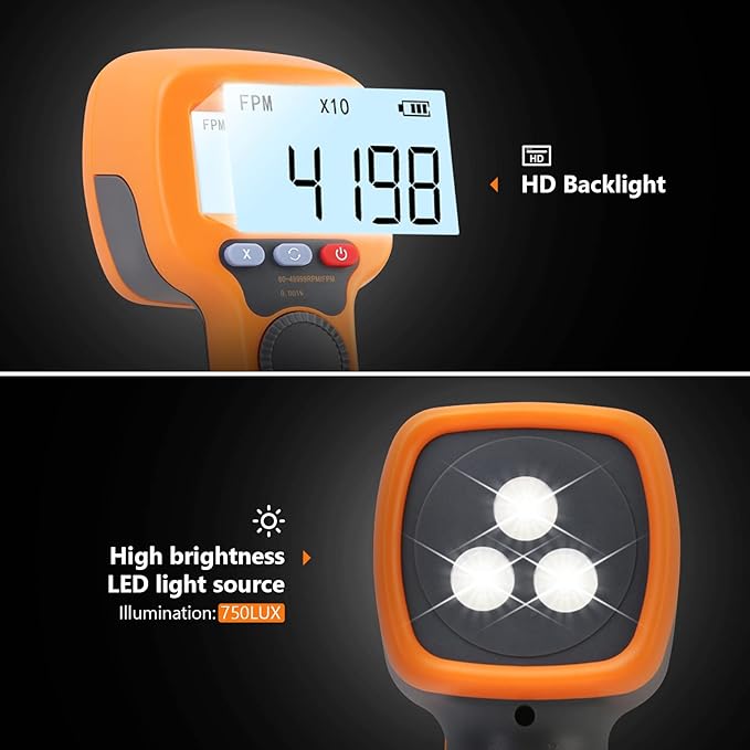 Digital LED Stroboscope Measuring 60-49999 RPM/Hz, Non-Contact Tachometer with 0.001% Accurate Estroboscopio Non-Contact Motor Engine Speed Analyzer for HVAC Motor Engine Speed Tester