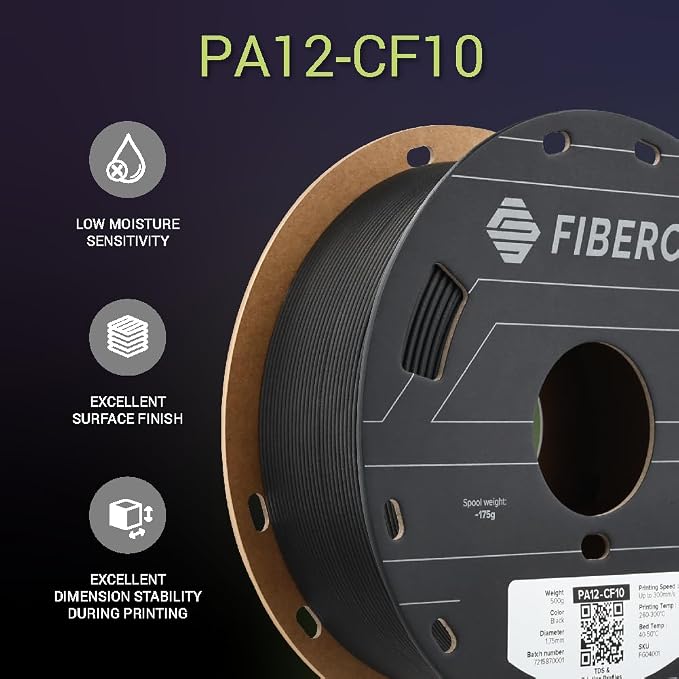 Polymaker Fiberon PA12-CF10 Nylon Filament 1.75mm Black 0.5kg, Low Moisture Sensitivity PA12-CF Carbon Fiber Nylon 1.75mm 3D Printing Filament