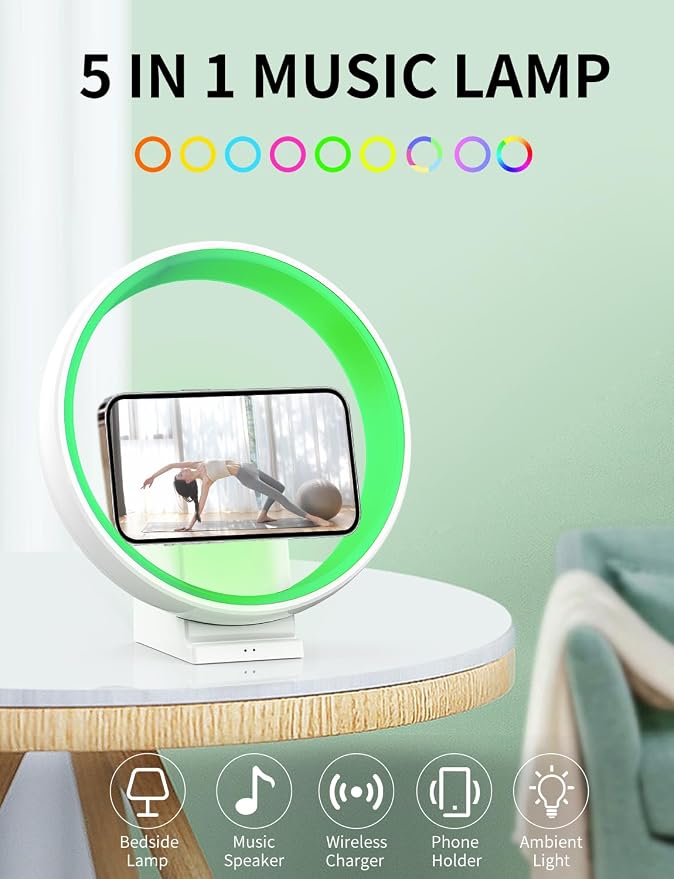 4-in-1 Atmosphere Table Lamp for Bedroom, 15W Wireless Charging Station,Bluetooth Speaker, Phone Stand, Ideal for Teenage Girls Boys Gifts
