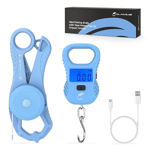 Calamus Lightweight 2pc Fishing Tool Kit – Fish Scale & Lip Gripper, Rechargeable Digital Scale with USB Cable, Lip Gripper with Soft Retractable and Detachable Measuring Tape, Fishing Gifts for Men