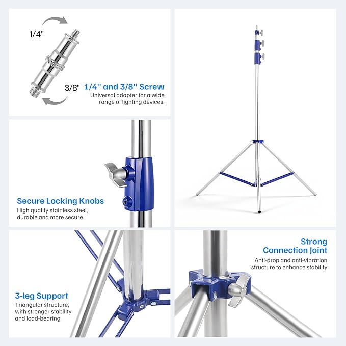 Light Stand Photography, 10.5ft/320cm Heavy Duty Studio Light Stand with 1/4" and 3/8" Screw, Adjustable Lighting Stand for Softbox, Ring Light, LED Panel, Professional Light Stand Tripod