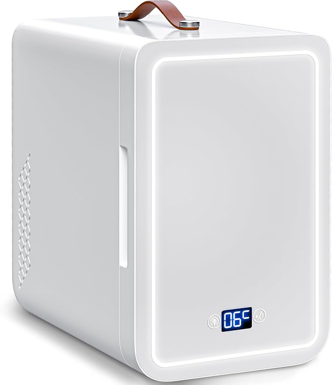 6L Mini Fridge with 3-Level Dimmable LED Mirror, Cooling & Warming, AC/DC Portable Skincare Fridge for Dorm, Car, Office