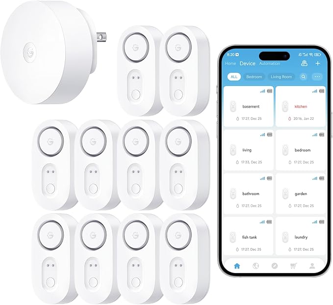 GoveeLife WiFi Water Leak Detector for Home Bundle with sub-Device with 105dB Adjustable Alarm,Water Sensor with 1804ft Long Monitoring Rang