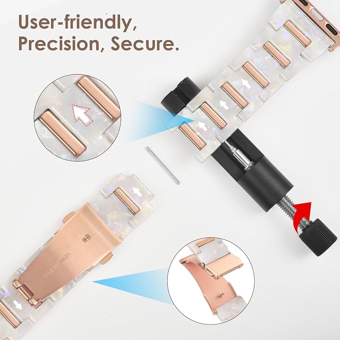 V-MORO Resin Band Compatible with Apple Watch 42mm 41mm 40mm 38mm,Fashion Lightweight Bracelet with Polished Rose Gold Stainless Steel Inlay for iWatch Series 11/10/9/8/7/6/5/4/3/2/1/SE,Fluorescent White