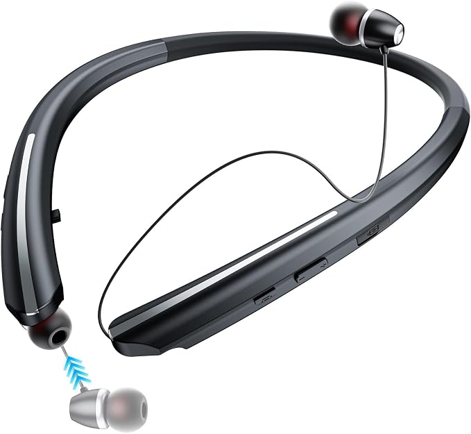 Neckband Bluetooth Headphones, Wireless Retractable Headset with Mic, IPX5 Sweatproof Earphones, Noise Cancelling Earbuds | 22H Playtime for Sports/Running/Driving (Black)