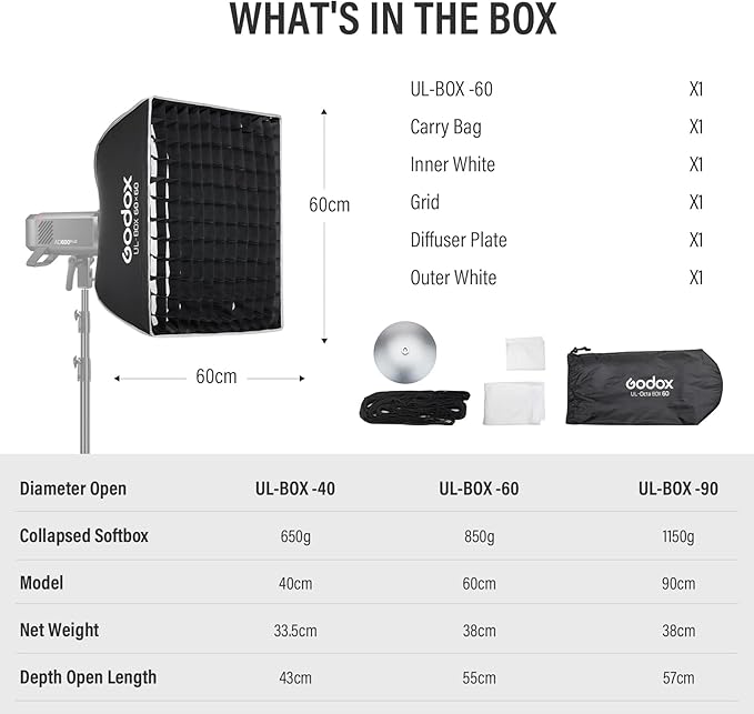 Godox Square Softbox Compact Bowens Mount Softbox 23.6in*23.6in/60cm*60cm with Grid Diffuser Quick Release Photography Lighting Softbox for Photography Shooting Continuous Light Monolight Strobe Flash