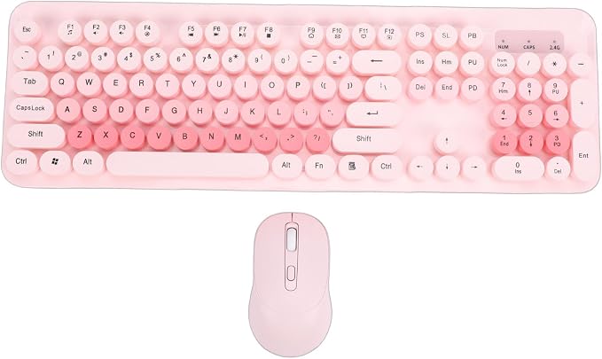 Wireless Keyboard and Mouse Combo, 2.4GHz Plug and Play with Retro Typewriter Style Round Keycaps, 104 Keys with Numeric Pad, for PC Laptop Desktop (Pink)
