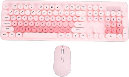 Wireless Keyboard and Mouse Combo, 2.4GHz Plug and Play with Retro Typewriter Style Round Keycaps, 104 Keys with Numeric Pad, for PC Laptop Desktop (Pink)