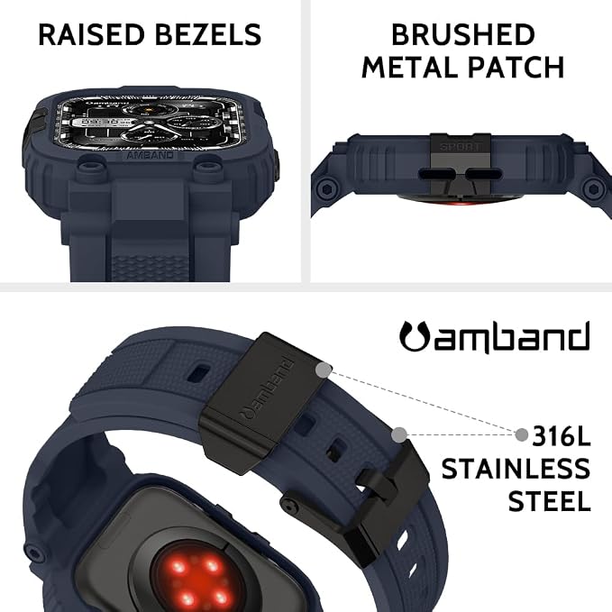 amBand Bands Compatible with Apple Watch 9/8/7 45mm, M1 Sport Series Rugged Case with TPU Strap Military Protective Tough Cover Bumper for iWatch SE3/SE2/SE/6/5/4 44mm Men Navy Blue