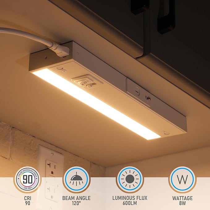 TORCHSTAR 4-Pack 12 Inch LED Under Cabinet Lighting 5CCT, Linkable, ETL T24, 600LM, Hardwired & Plug-in, 5 Color Selectable CRI90 120V Dimmable Under Counter Lights for Kitchen, White Aluminum Housing