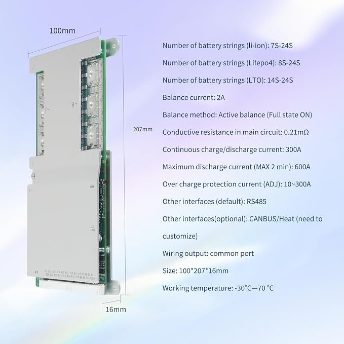 LB2A Smart Active Balancer BMS for Li-ion NCM LFP LiFePo4 LTO Battery Management System 3S to 24S 150A 200A 300A with APP Control 12V 24V 48V 60V 72V 84V (7-24S, 300A)