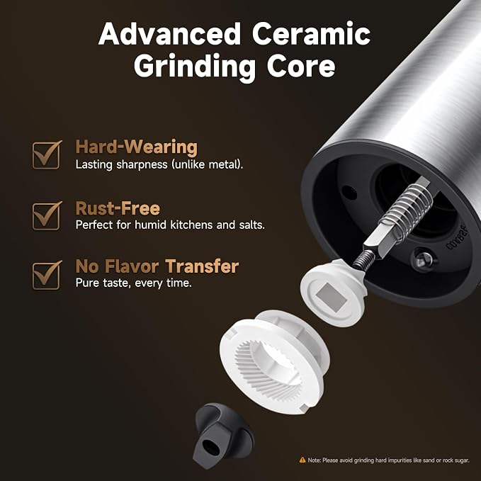 Electric Salt and Pepper Grinder Set with Charging Base - Rechargeable Automatic Pepper Grinder, Stainless Steel Cordless Push Button Mill with LED Light
