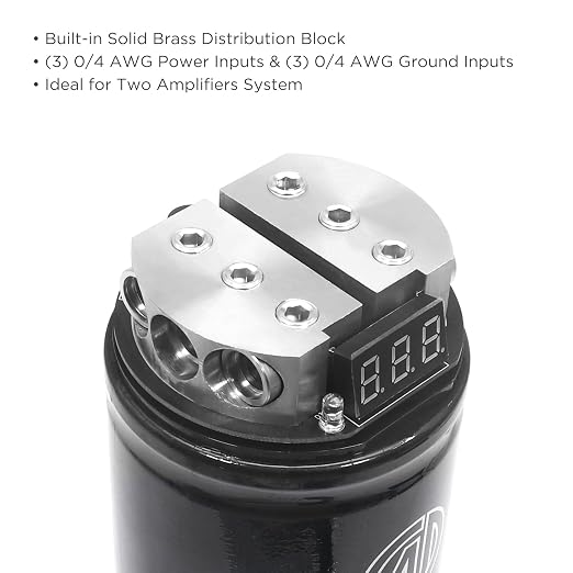 Recoil EC5D 5 Farad 18SV Digital Capacitor Car Audio with Read Out and Built-in Distribution Block for Two Amplifiers
