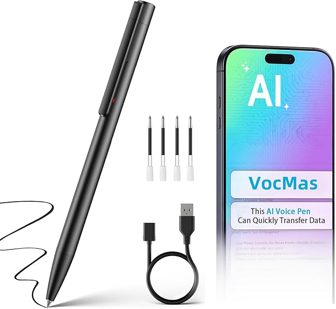 AI Voice Recorder Pen with App Control, 64GB Note Sound Recorder with Transcribe, Mind Mapping & AI Summary, Supports 103 Languages, Audio Activated Recorder for Lectures, Meetings, Calls
