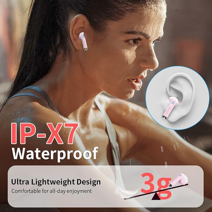Wireless Earbuds, Bluetooth Headphones, Stereo Bass Ear Buds with ENC Noise Cancelling Mics,42H Bluetooth Earbuds with LED Display Charging Case, IP7 Waterproof Earphones for Android iOS/Light pink