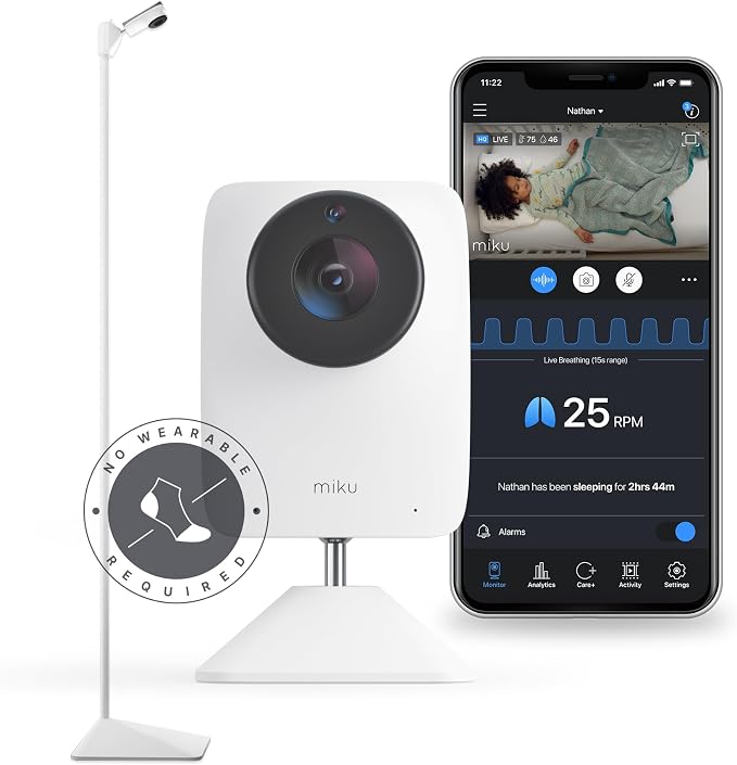 Miku Pro Smart Baby Monitor with Camera, Track Live Breathing with No Wearable, Real-Time Alerts, Sleep Analytics, 1080p Wi-Fi Video, Night Vision, and 2-Way Audio, Wall Mount & Floor Stand Included