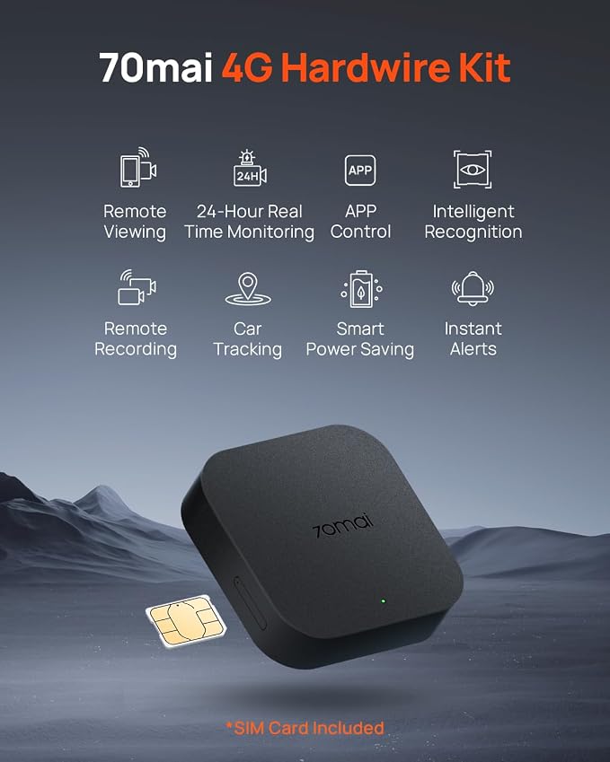 70mai UP05 4G Hardwire Kit with SIM Card, 4G Support, Type-C for Dash Cam A510, X800, A810S, T800, A810 Lite, 12V-30V to 5V/2.4A, Remote Monitoring, Low Voltage Protection, 24H Parking Mode