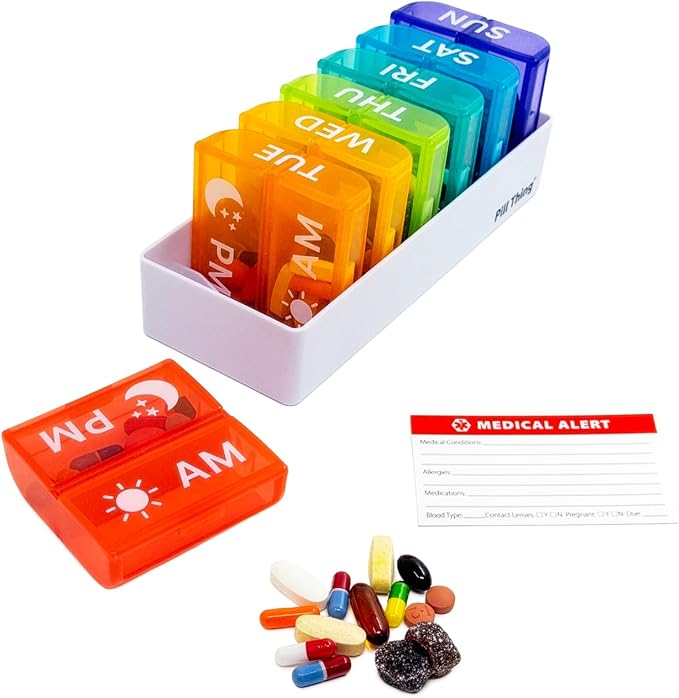 2 Times a Day, 7 Day Large Weekly Pill Organizer with Holder Tray, Vitamin, Medicine Box, Multicolor with Medical Alert Card (2X a Day - 2 Pack)