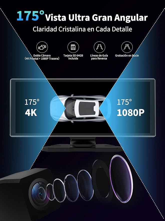 Largest Portable 11.26'' Wireless CarPlay/Android Auto Screen with 2.5D 1920x720 HD Display, Built-in DVR, 4K Front + 1080P Rear Camera, Car Screen,Easy Install Dash Cam,GPS Navigation,Voice Control