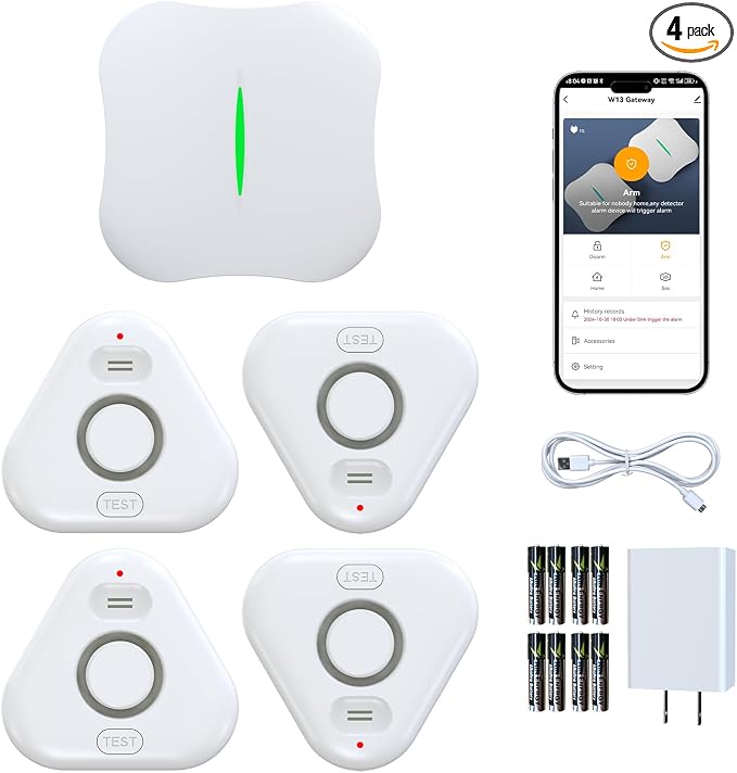 Smart Water Leak Detectors for Home WiFi with App Alerts, Stechro Ajustable 120dB Water Sensor Alarm Leak Detector for Basements Sink Kitchen Laundry, 4 Water Sensors & 1 Gateway