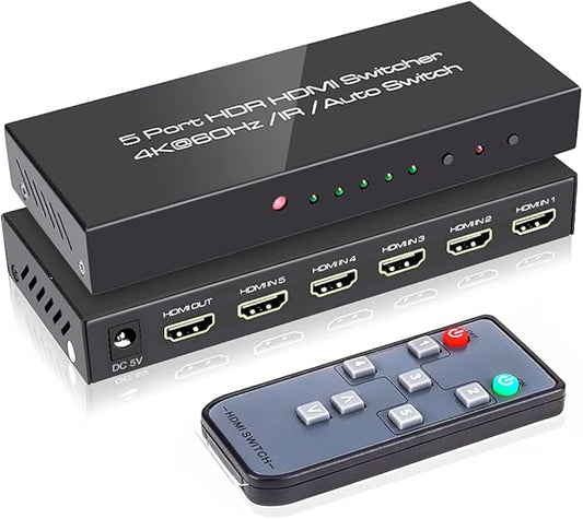 ROOFULL 5 Port 4K HDMI Switch with Remote 5 in 1 Out 4K@60Hz HDMI 2.0 Video Switcher Selector, Dolby Vision/Atmos Auto-Switching HDCP 2.2 HDR 10 CEC 18Gbps for PS5/4Pro Xbox Apple TV