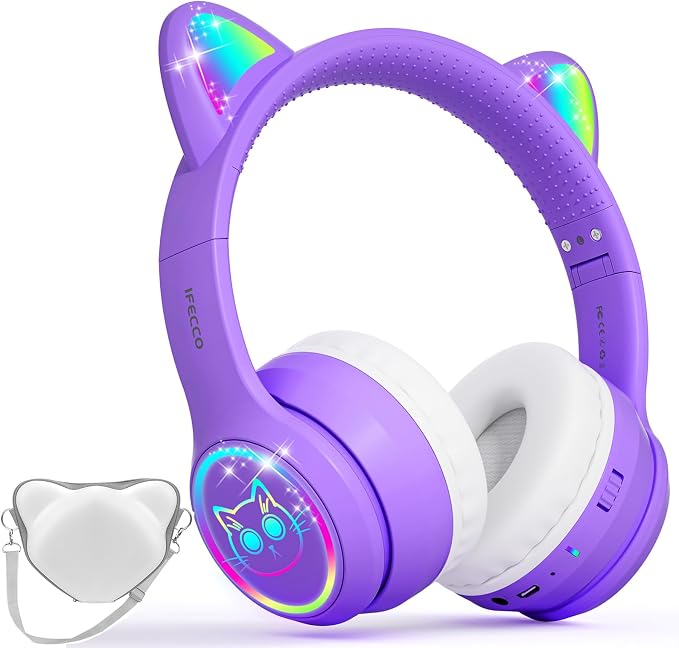 IFECCO Kids Headphones with Microphone Light Up Cat Ear Bluetooth Wireless Headset Volume-limiting for Girls Boys for School Gifts with Case