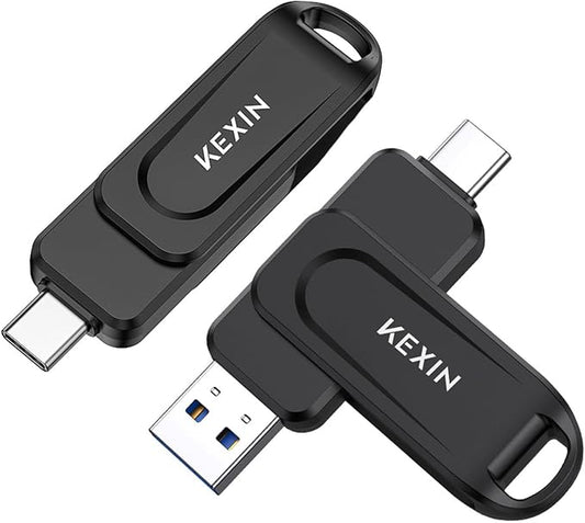 KEXIN Dual 32GB Flash Drive 2 Pack USB-A & Type-C Thumb Drive 3.0 100MB/s Swivel USB Drive 32GB Memory Stick for Smartphone Tablet iPhone 15/16 Car Game Console, Black 2 Pack