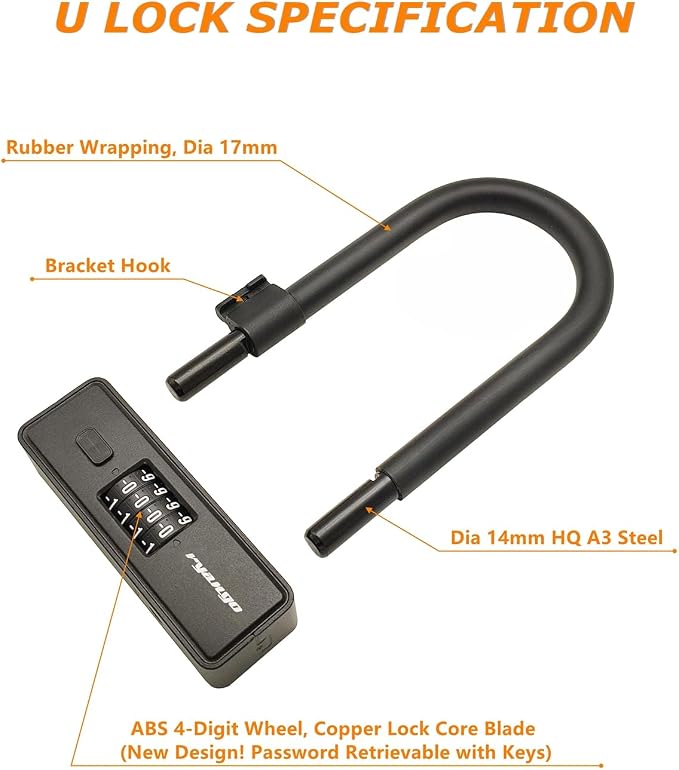Bike U Lock Anti Theft, 4 Digit Heavy Duty Combination Bicycle Lock with 6FT Steel Cable, High Security U Lock for Bike, Motorcycle, Scooter, Door, Fence, Mounting Bracket Included