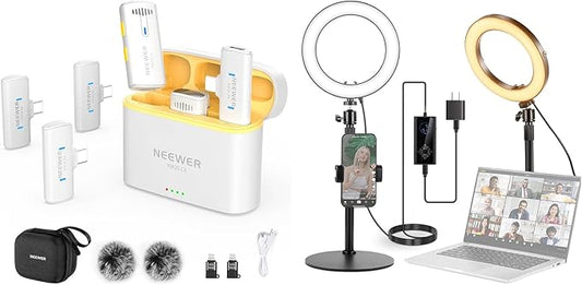 NEEWER RH8B 8" Desk Ring Light with Stand, Circle Selfie Light with Phone Holder and KM20 Wireless Lavalier Microphone System for iPhone, 18W Video Conference Lighting Kit for Laptop Zoom Podcast