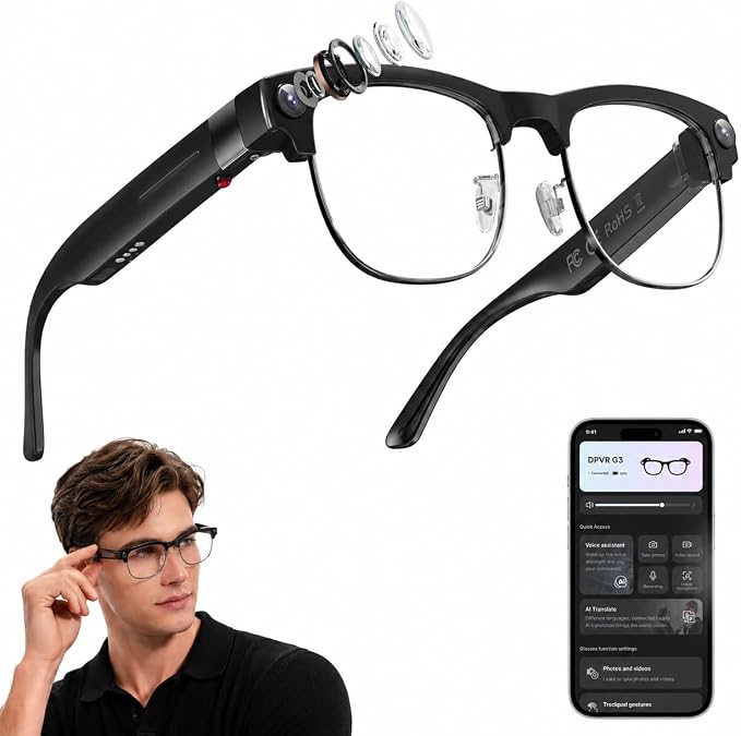 DPVR AI Smart Glasses with Camera and Bluetooth – 8MP HD Camera Glasses for Men & Women, Video Recording Glasses with Voice Assistant, 144-Language Real-Time Translation, for Travel, Work, Music, Vlog