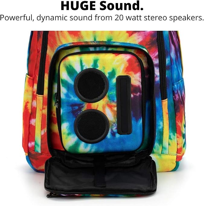 Super Real Business Bluetooth Speaker Backpack with 20-Watt Speakers & Subwoofer for Parties/Festivals/Beach. Rechargeable, Works with iPhone & Android (Tie Dye)