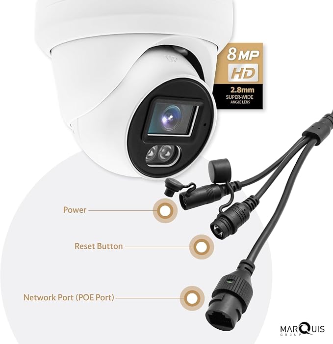 Marquis 8MP PoE IP Turret Dome Camera with Microphone/Audio, IP Security Camera Outdoor Rated, 98ft IR Night Vision, Waterproof IP66, 108° Wide Angle 2.8mm Lens