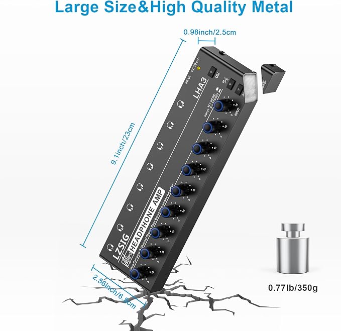 LZSIG Headphone Amplifier with Bass Boost, 8 Channel, 1 IN 8 OUT, DC 12V | Metal Stereo Audio Amplifier, Mini Earphone Splitter with Power Adapter, 1/4" & 1/8" TRS Headphones Output & TRS Audio Input