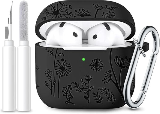 Lerobo for Airpods 4 Case Cover with Cleaner Kit, Cute Flower Engraved Silicone Protective Dust-Resistant Cover with Keychain Compatible with Apple Airpods 4 Case 2024, Black