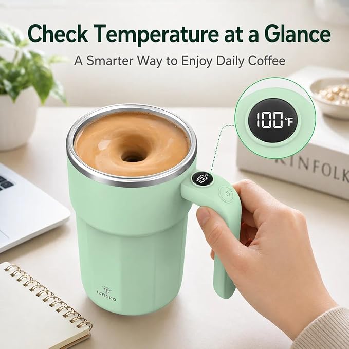 Self Stirring Coffee Mug, 12oz Rechargeable Magnetic Mixing Cup with Temperature Display, 316 Stainless Steel Electric Stirring Cup with Lid & Handle for Coffee, Cocoa, Matcha, Creamer, Mushroom Coffe