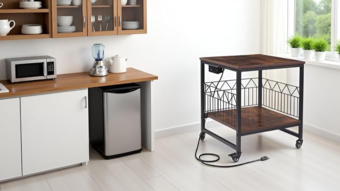 Mini Fridge Stand Heavy-Duty Metal Frame | Built-in 1 USB + 1 Type-C + 2 AC Outlets Rolling Fridge Cart for Dorm, Office, Bedroom | Adjustable Feet & Movable Drawer 19.7" W/D x 22.7" H