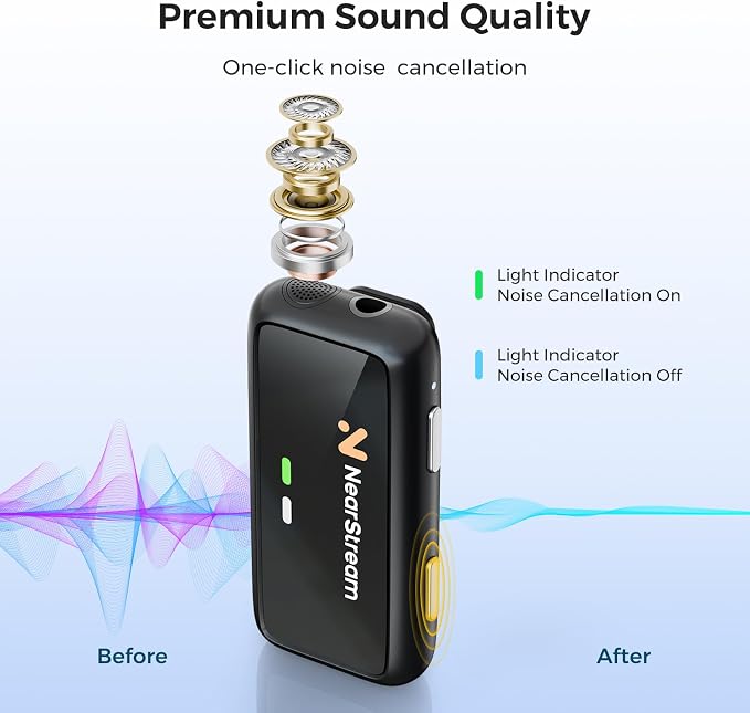 NearStream Wireless Lavalier Microphones with Noise Cancellation, 7H Battery Life, 656ft Transmission, LCD Display, Wireless Lapel Microphone for iPhone/Android/DSLR/Camera/Stream/Podcast (AWM20D)