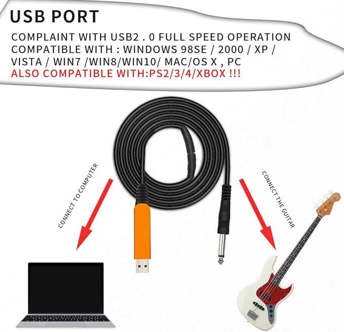 USB Guitar Cable 10Ft, USB Guitar Interface Male to 6.35mm 1/4 inch Gold-Plated TS Mono Plug,Recording Cable Compatible with PC, Mac, Xbox, PS4, PS3,PS2