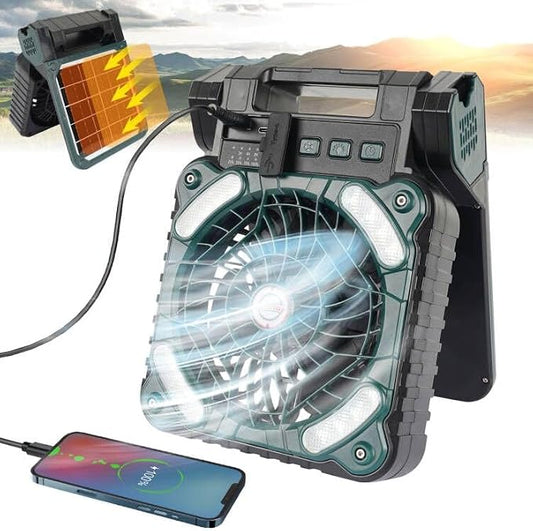 Solar Powered Fan Camping with LED Light, 10400mAh Portable Camping Fans with Solar Panel, Rechargeable Battery Operated Tent Fan for Outdoor Car RV Hurricane