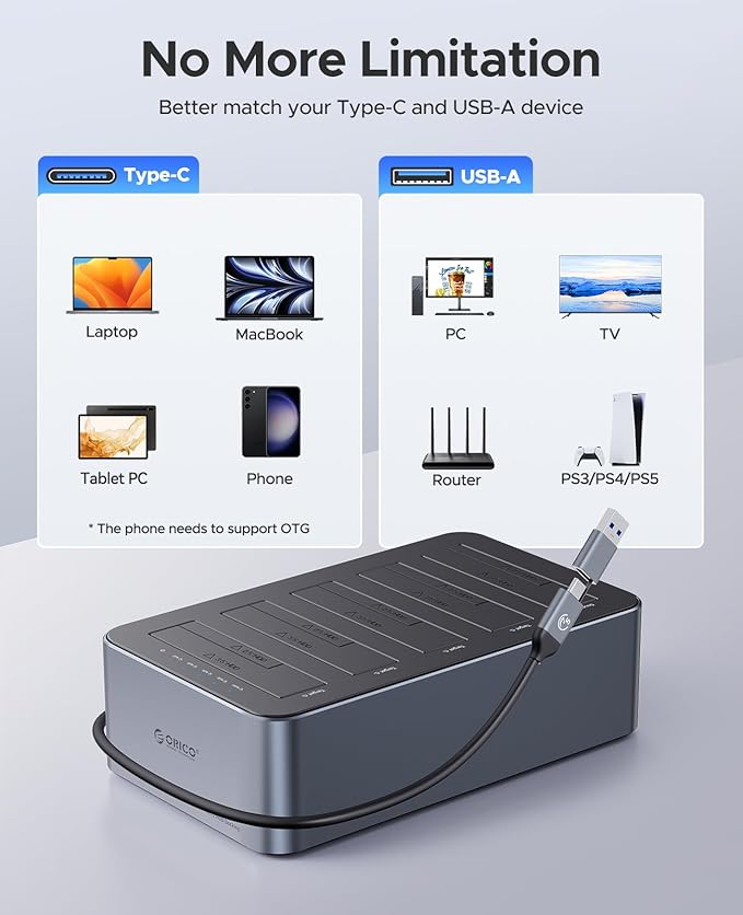 ORICO USB C 5 Bay Hard Drive Cloner/Duplicate Hard Drive Docking Station Aluminum USB 3.2 Gen 1 for 2.5''/3.5'' SSD HDD Up to 20TB-6656C3